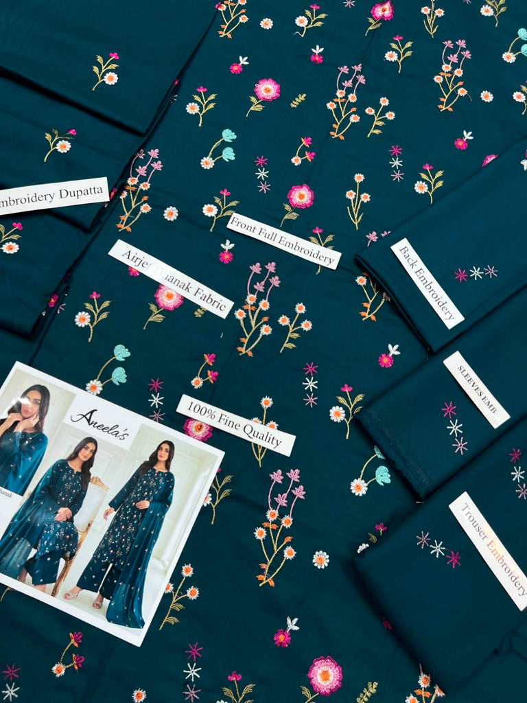 Aneela's Winter Collection: Deep Teal Floral Embroidered Airjet Dhanak Unstitched Suit