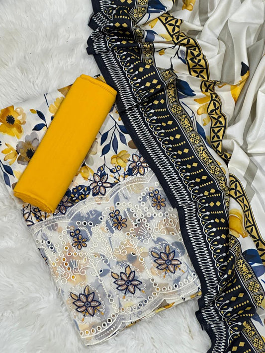 100% Original Viscose Slub 3-Piece Suit - Mustard Floral Digital Print with Chikankari Daman