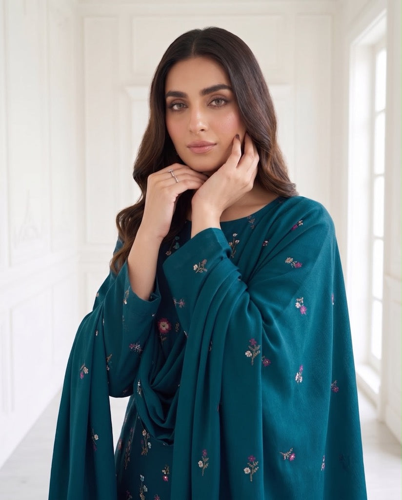 A model wearing Aneela's Winter Collection Deep Teal premium Airjet Dhanak unstitched suit featuring delicate pink floral embroidery and a matching shawl.