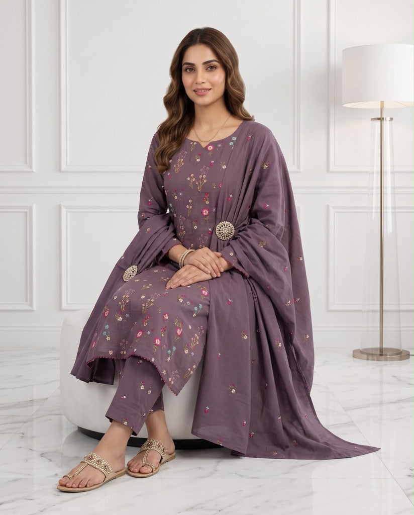 Beautiful mauve purple premium Airjet Dhanak unstitched suit featuring delicate floral embroidery from Aneela's Winter Collection.