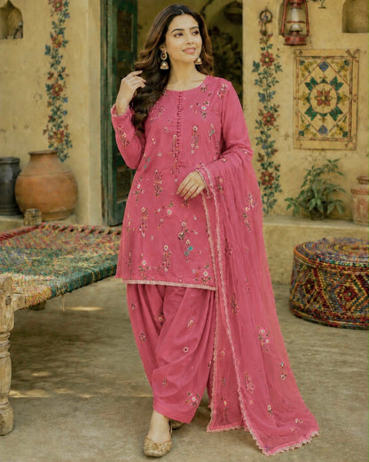 Batik Lawn 3-Piece Unstitched Suit with Embroidered Front and Bamber Dupatta