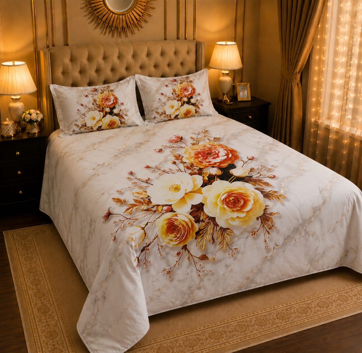 BEDIOR 3D digital printed king size crystal cotton bed sheet set with floral design