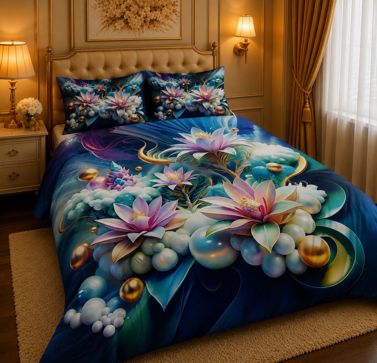 BEDIOR 7D galaxy lotus and golden orbs 3D digital printed king size crystal cotton bed sheet set
