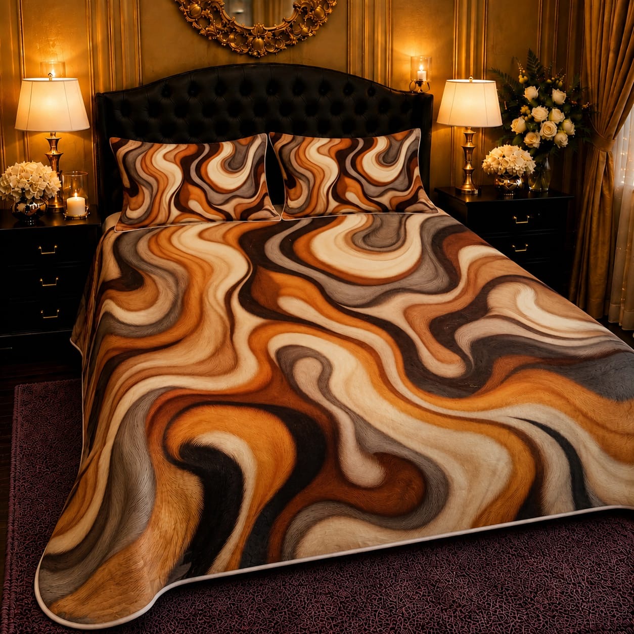 BEDIOR abstract swirl 3D digital printed king size crystal cotton bed sheet set in warm brown tones