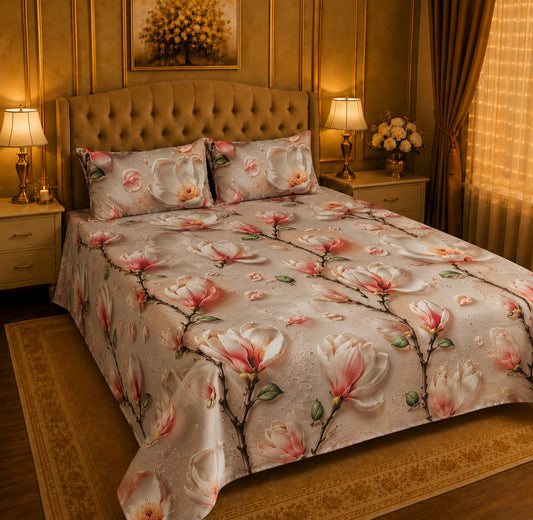 BEDIOR blooming magnolia branch and pink floral 3D and 7D digital printed king size crystal cotton bed sheet set