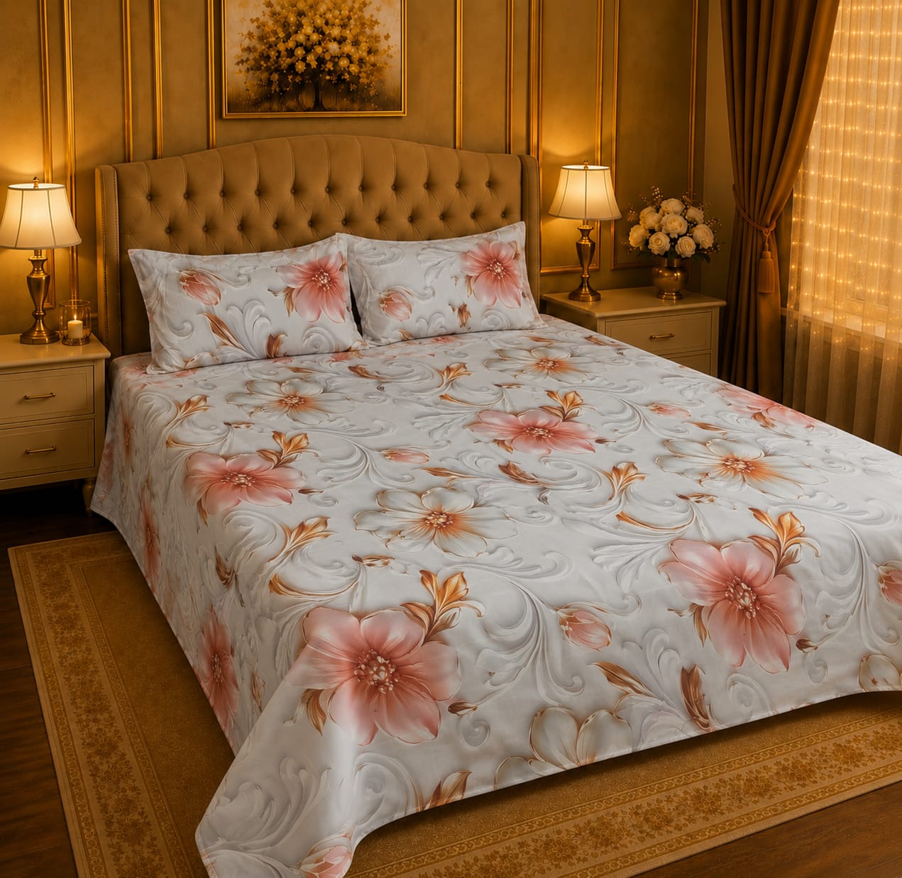 BEDIOR blush blossom and white marble swirl 3D and 7D digital printed king size crystal cotton bed sheet set