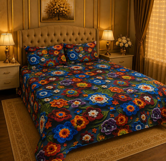 BEDIOR 3D crochet floral bloom and navy blue 7D digital printed king size crystal cotton bed sheet set