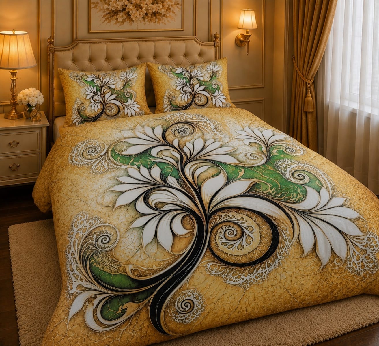 BEDIOR golden mustard and emerald green swirl 3D digital printed king size crystal cotton bed sheet set