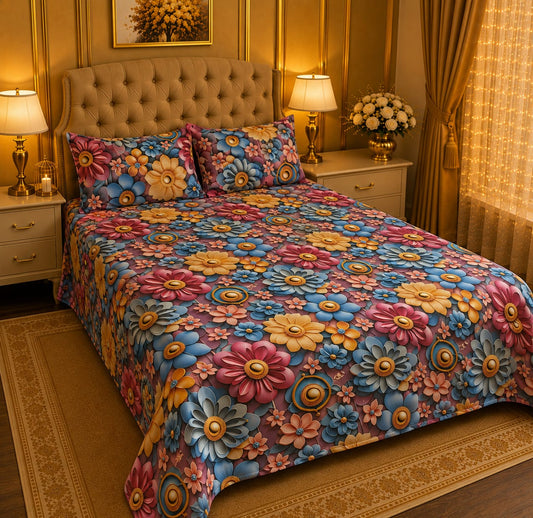 BEDIOR jewel floral bloom and sapphire blue 3D and 7D digital printed king size crystal cotton bed sheet set