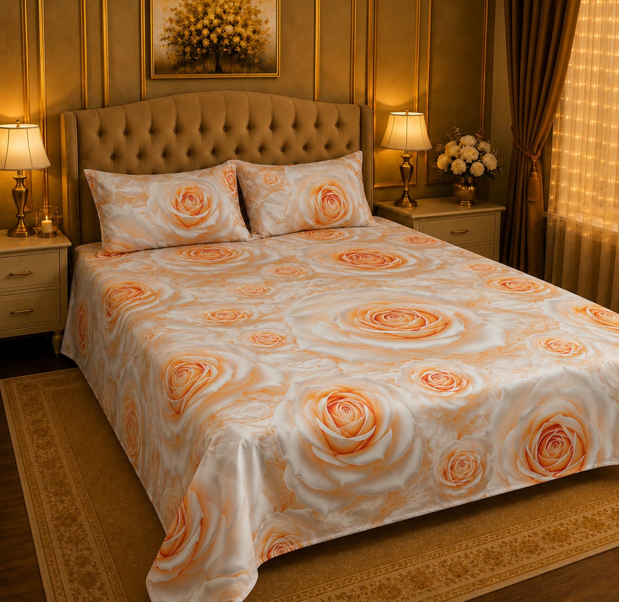 BEDIOR peach cream giant rose floral 3D digital printed king size crystal cotton bed sheet set