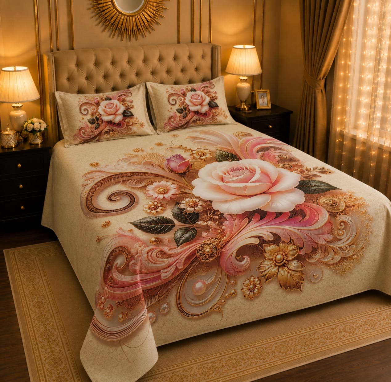 BEDIOR royal pink rose and gold baroque filigree 3D digital printed king size crystal cotton bed sheet set