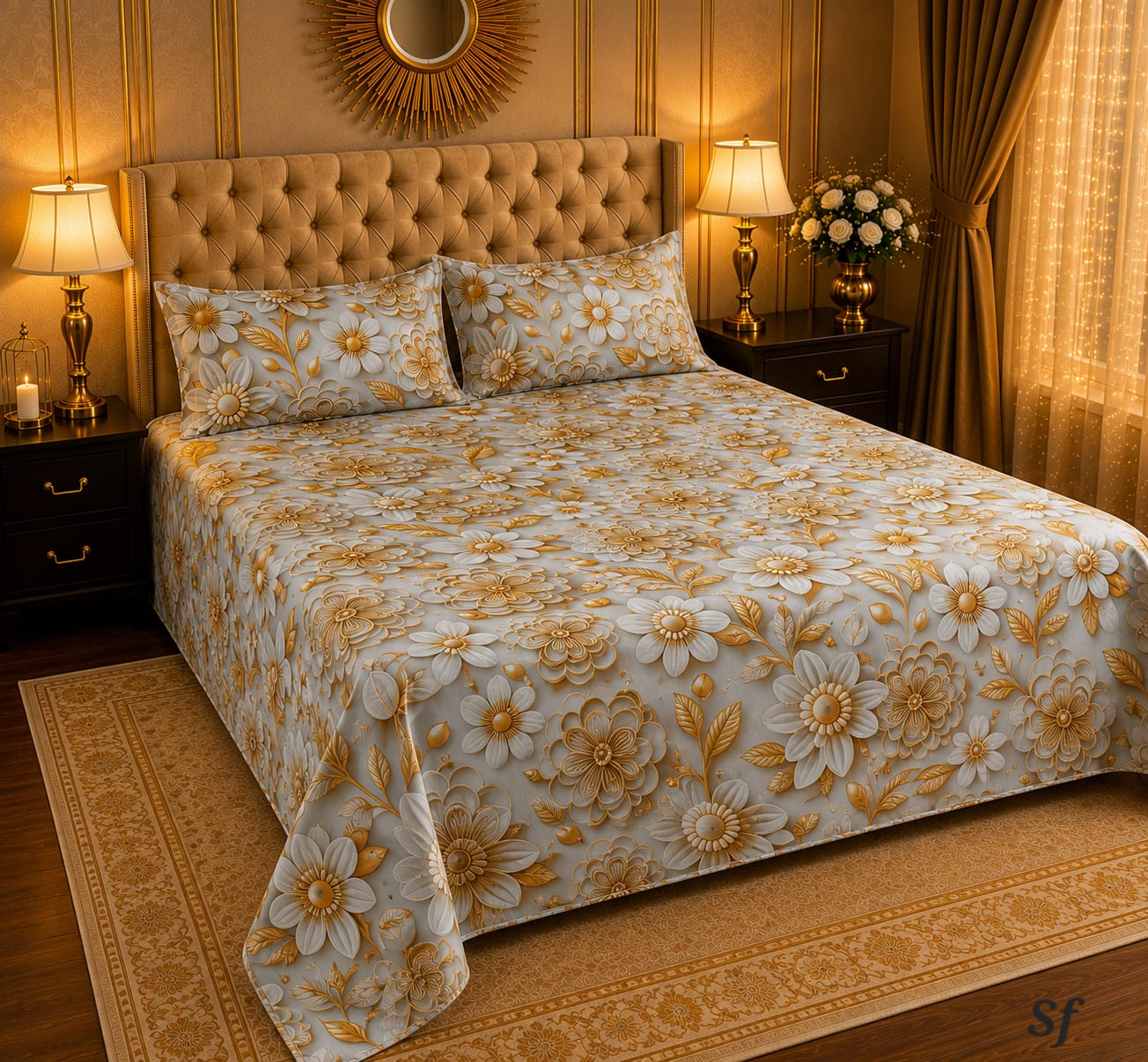BEDIOR white and gold embossed daisy floral 3D digital printed king size crystal cotton bed sheet set