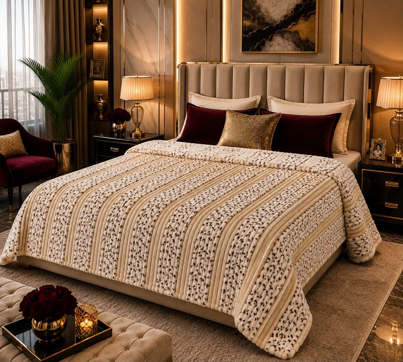Cream beige gold striped floral puffy AC blanket on double bed Pakistan