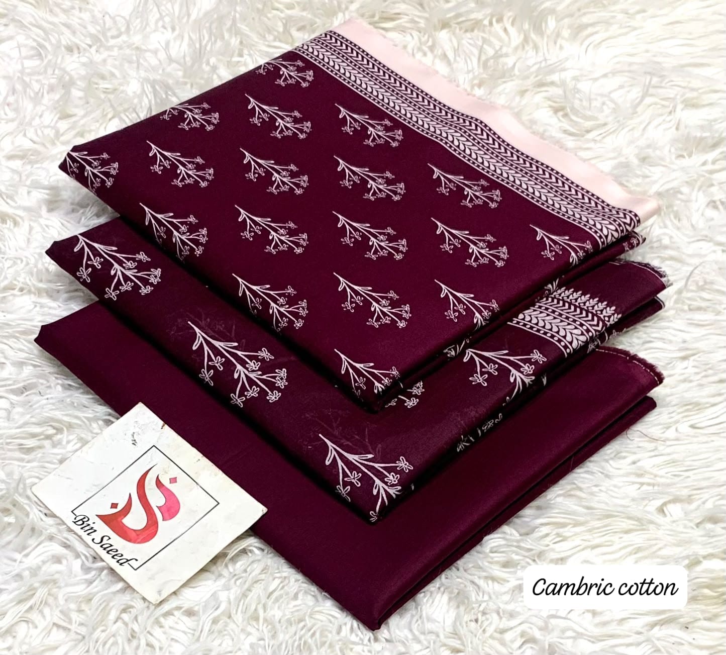 Bin Saeed 100% Original Lawn Cotton Suit 2026 - Deep Maroon Floral Booti Printed Shirt with Matching Trouser and Voil Dupatta