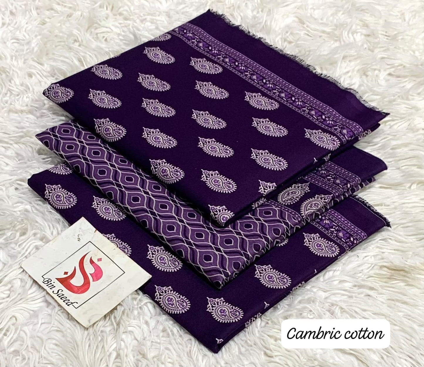 Bin Saeed 100% Original Lawn Cotton Suit 2026 - Deep Purple Paisley Printed Shirt with Matching Trouser and Voil Dupatta