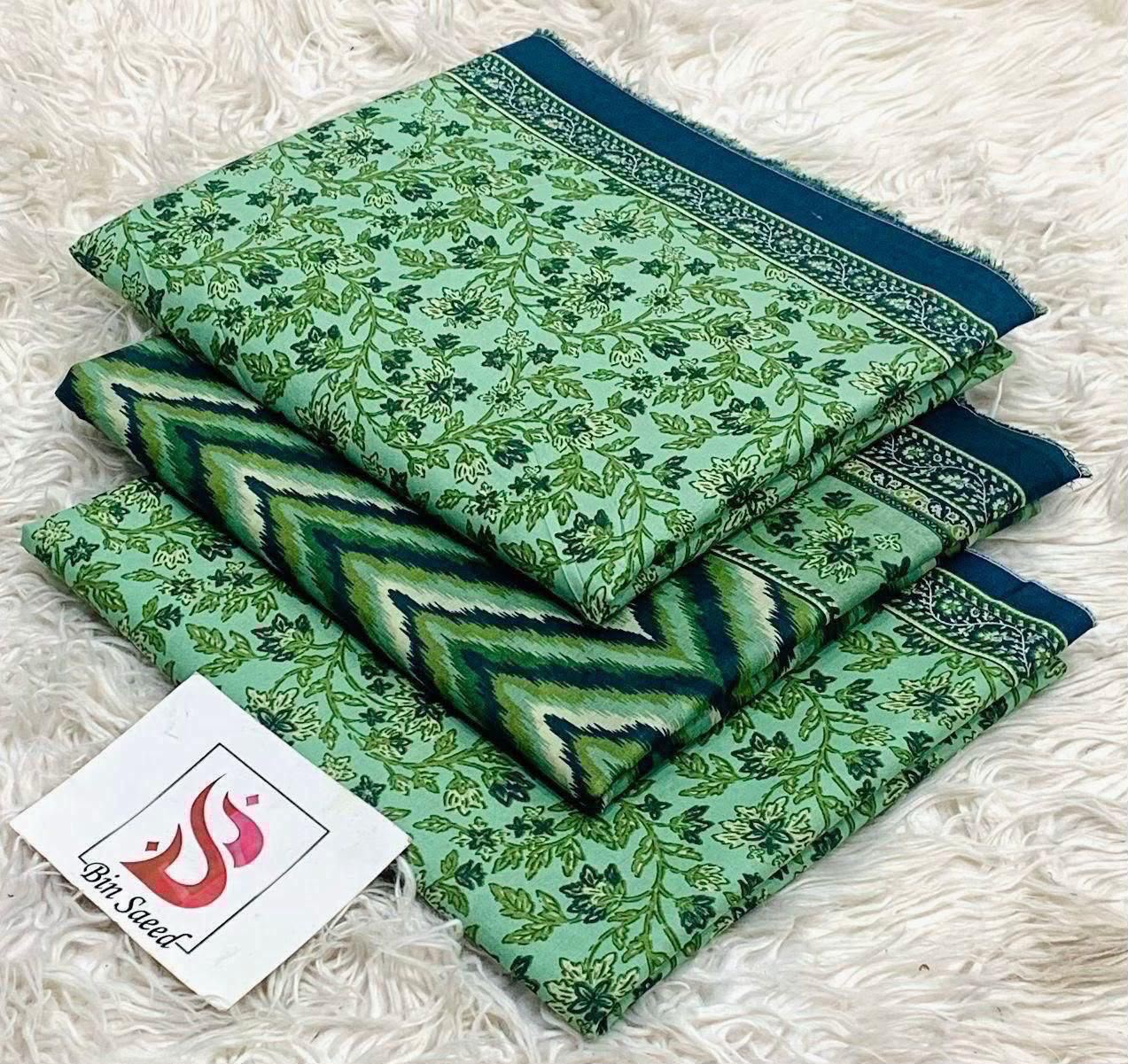 Bin Saeed 100% Original Lawn Cotton Suit 2026 - Mint Green Floral Printed Shirt with Teal Chevron Border and Voil Dupatta