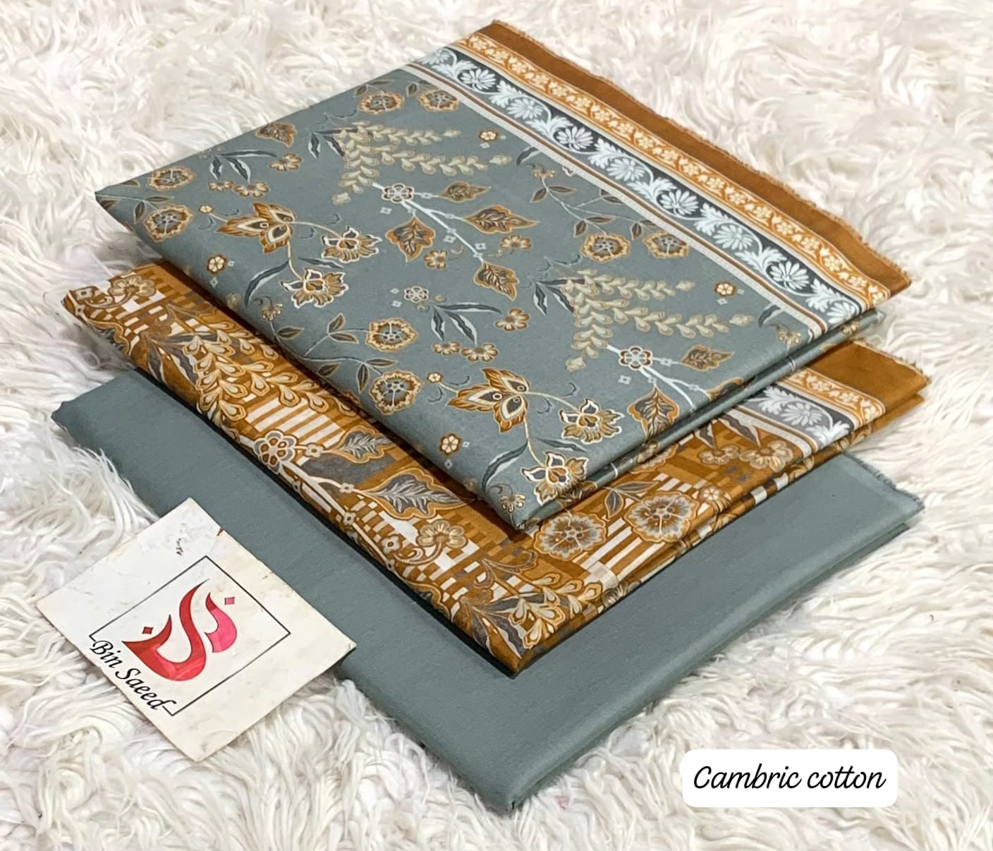 Bin Saeed 100% Original Lawn Cotton Suit 2026 - Slate Blue Digital Printed Shirt with Ochre Floral Border and Slate Trouser