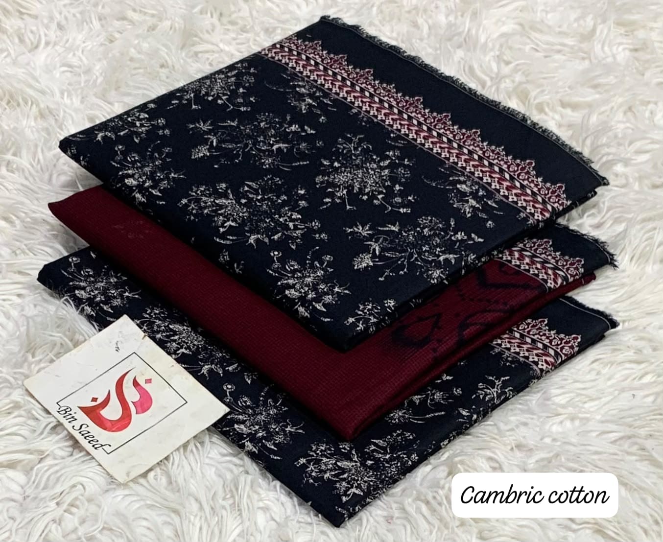 Bin Saeed 100% Original Lawn Cotton Suit 2026 - Navy Blue Digital Printed Shirt with Maroon Trouser and Voil Dupatta