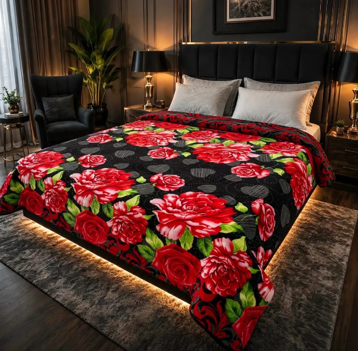 Stunning black double bed AC blanket with large pink roses and green leaves in soft fleece
