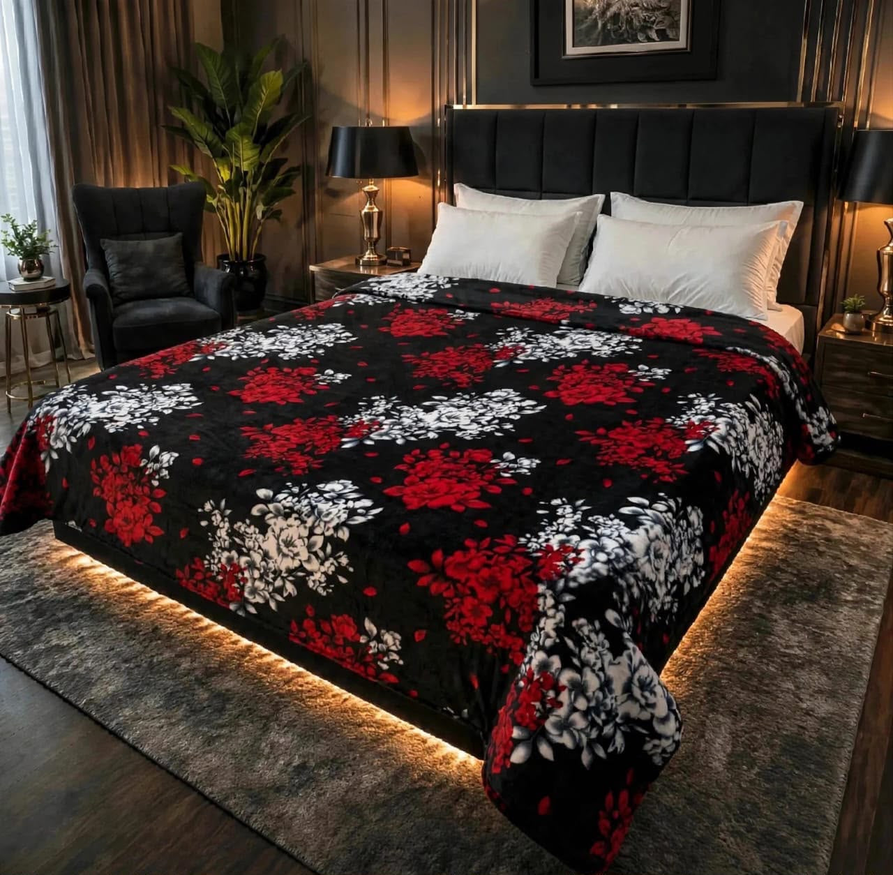 Striking black, red, and white floral double bed AC blanket in soft fleece material