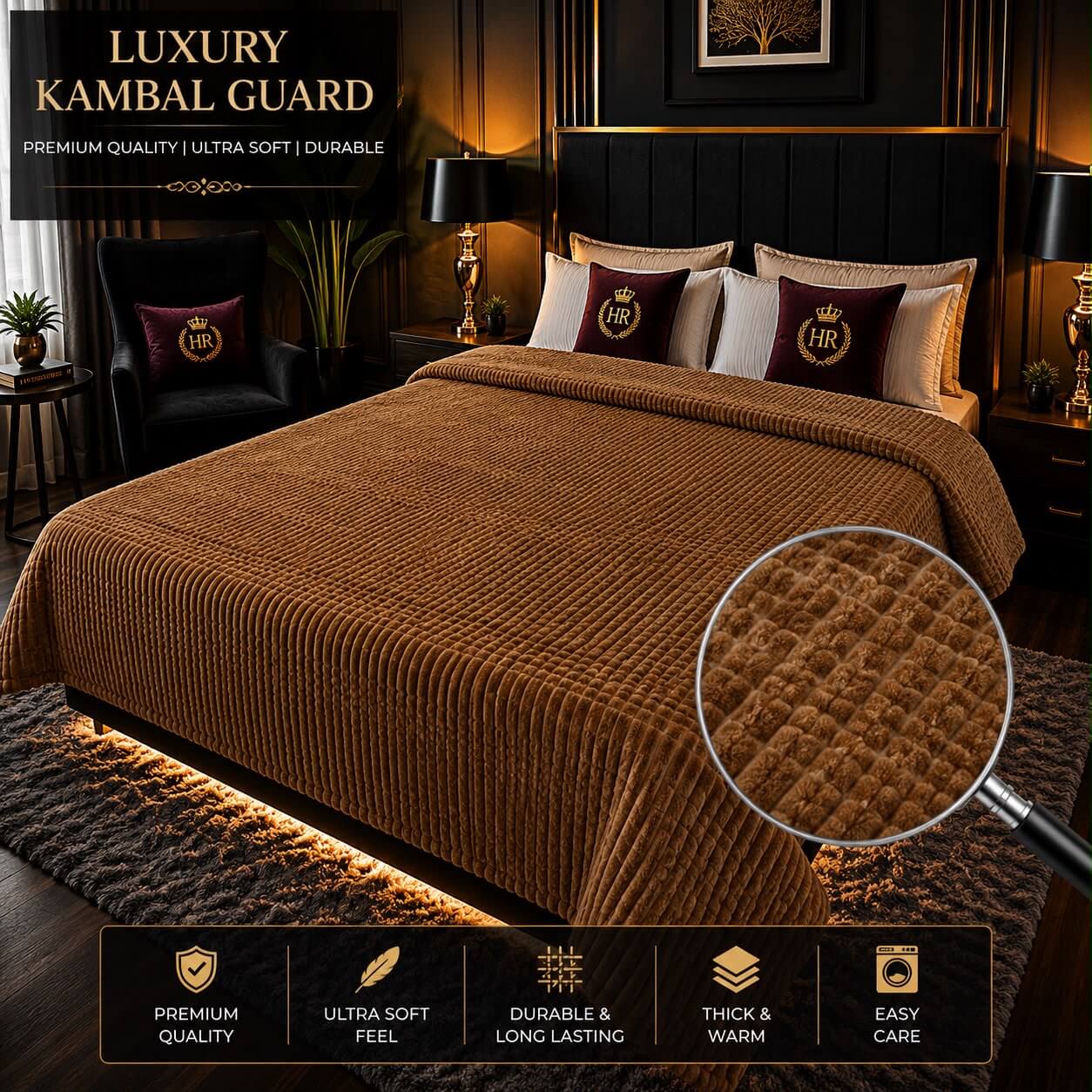 Rich brown premium luxury bubble AC blanket for a double bed, showing ultra-soft fleece texture and embossed design.