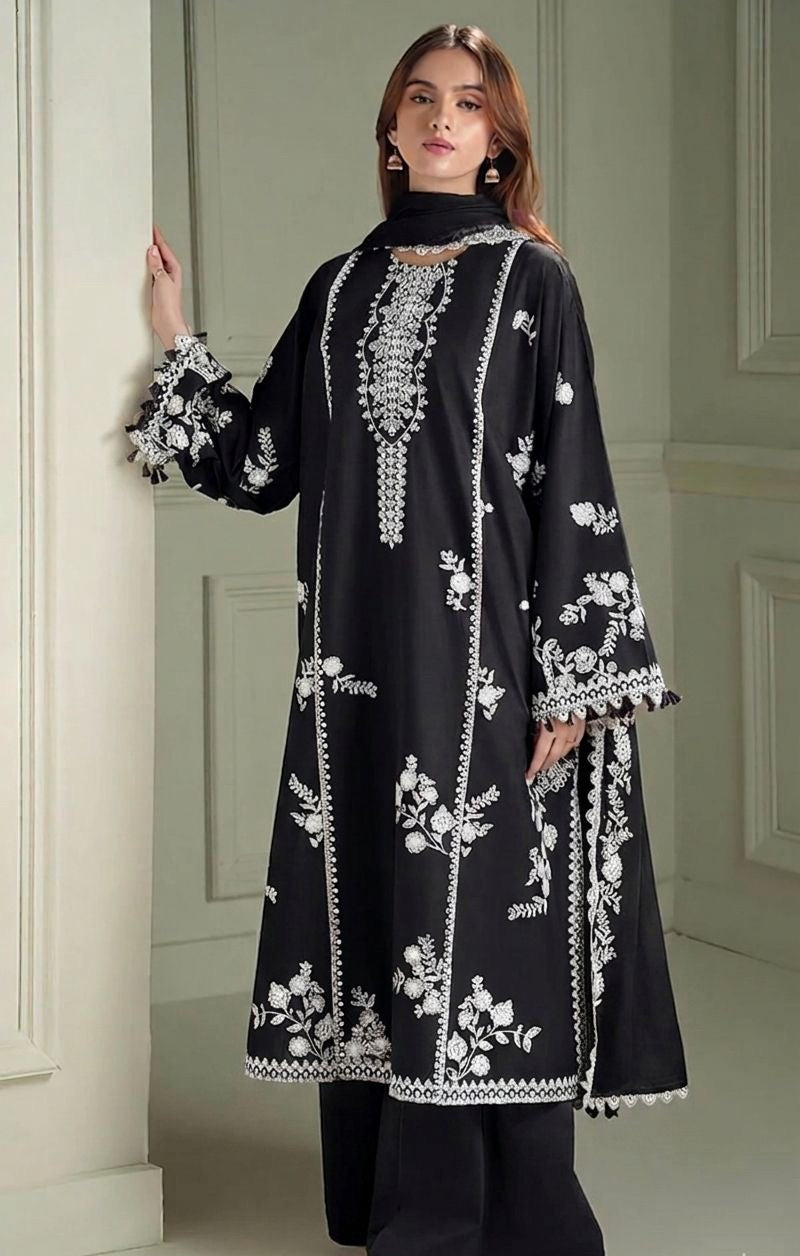 Cross Stitched Dhanak 3Pc embroidered suit with Pashmina shawl