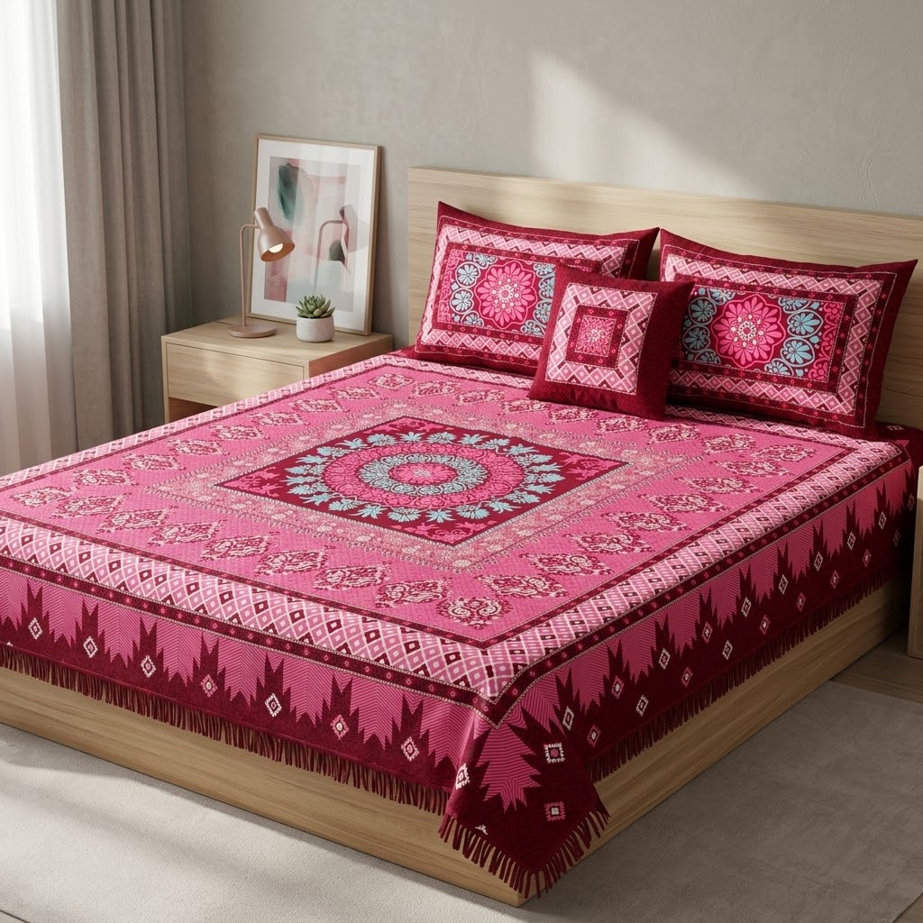 Dream 4 PCS maroon and pink mandala panel print 3D crystal cotton king size bed sheet set with pillow and cushion cases
