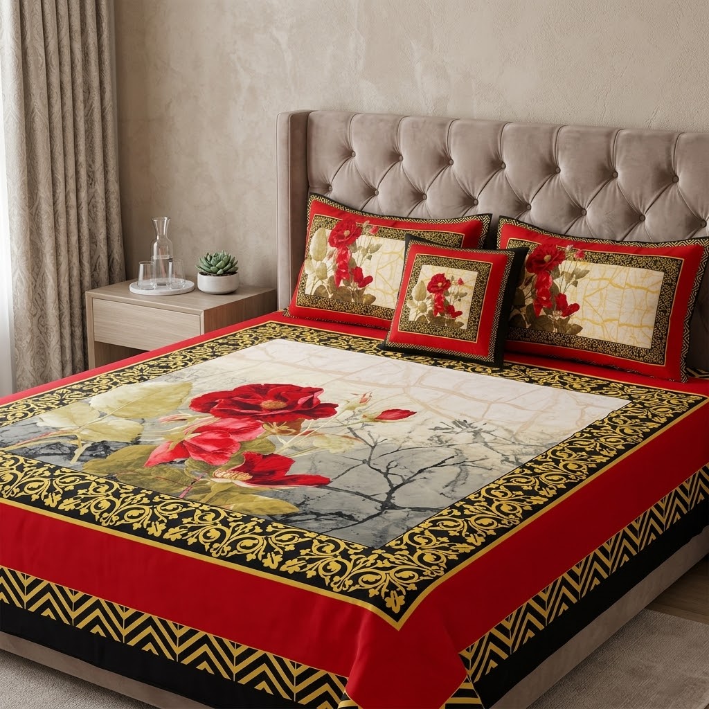Dream 4 PCS red and gold floral baroque panel print 3D crystal cotton king size bed sheet set with pillow and cushion cases