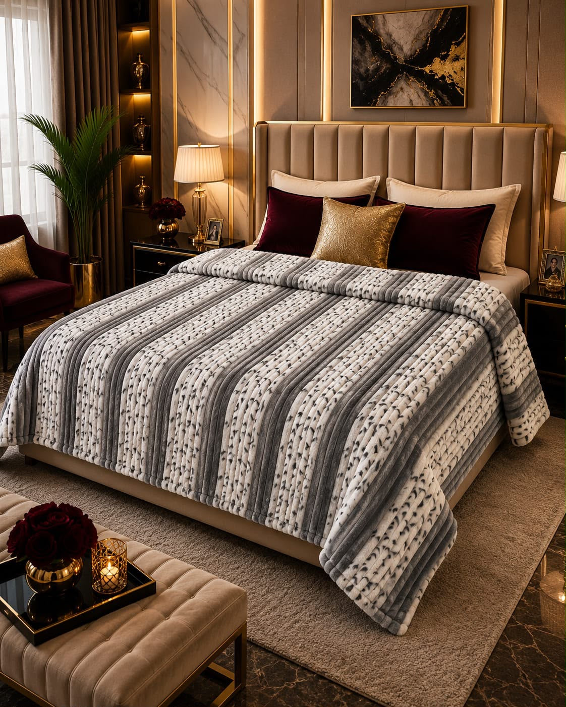 Elegant grey and white striped fluffy fleece AC blanket on a modern double bed