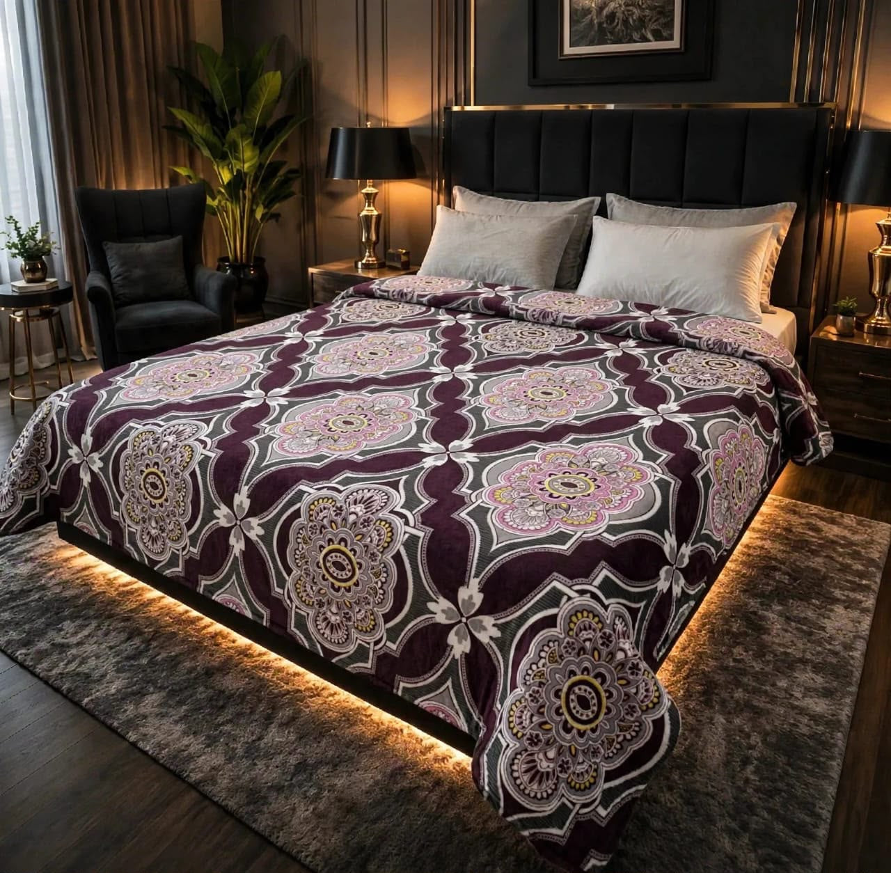 Elegant purple and grey floral double bed AC blanket made of soft fleece