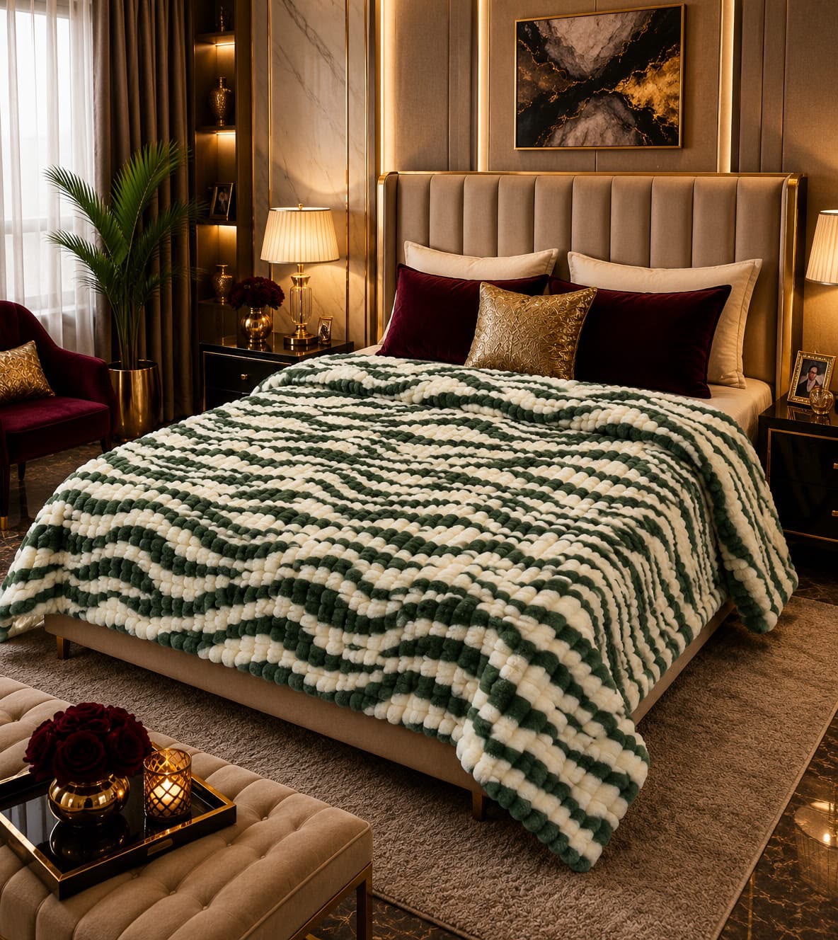 Beautiful green and white wavy pattern fluffy fleece AC blanket on a double bed