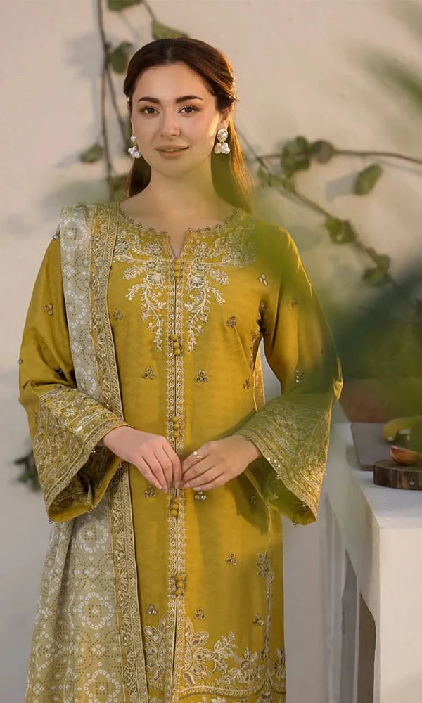 Close-up of front and sleeve embroidery on Laam winter dress
