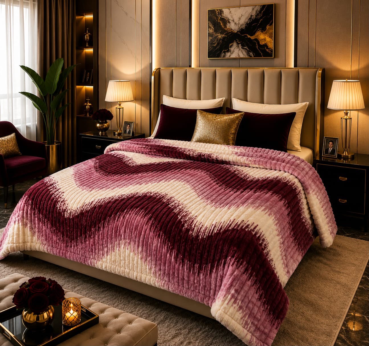 Luxurious maroon and cream wavy patterned fluffy fleece AC blanket for a double bed
