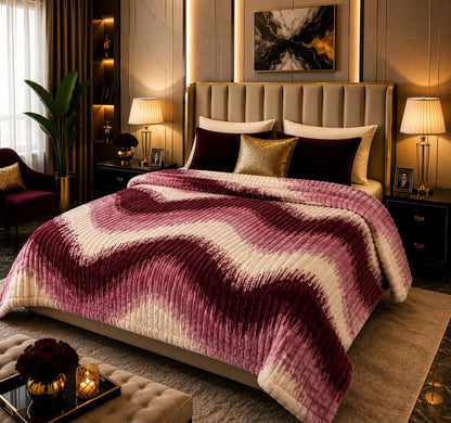 Luxurious maroon and cream wavy patterned fluffy fleece AC blanket for a double bed