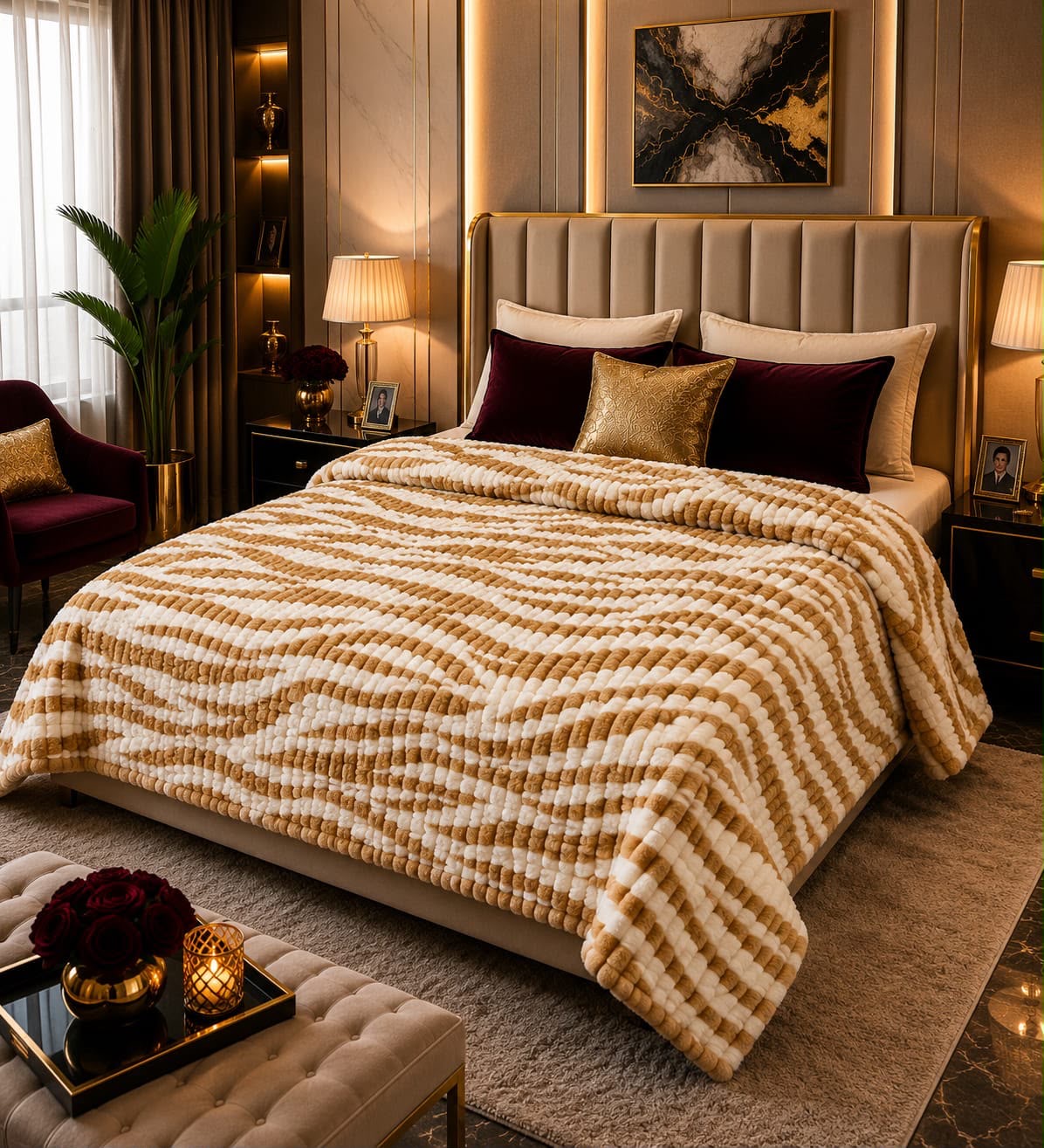 Mustard gold cream wavy ripple puffy AC blanket on double bed Pakistan