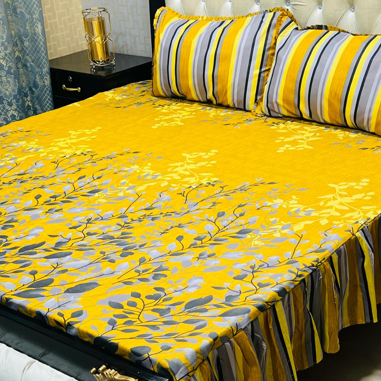 Mustard yellow and grey leaf printed frill bedsheet king size with matching pillow covers