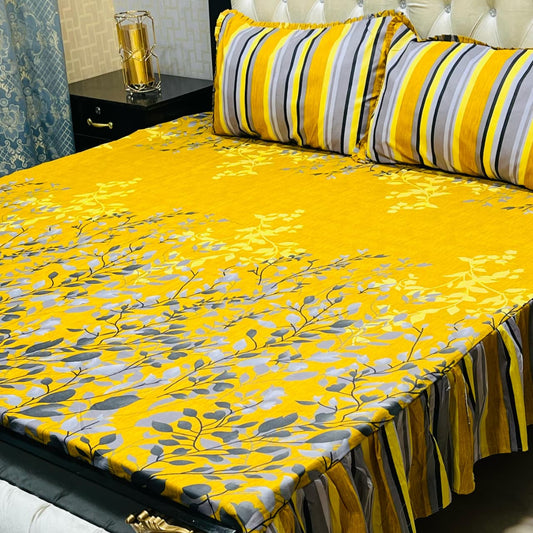 Mustard yellow and grey leaf printed frill bedsheet king size with matching pillow covers