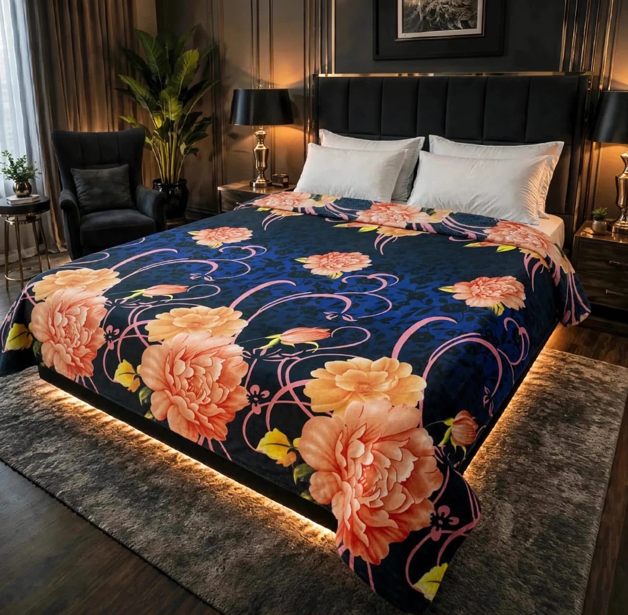 Elegant navy blue double bed AC blanket featuring large peach floral patterns in soft fleece