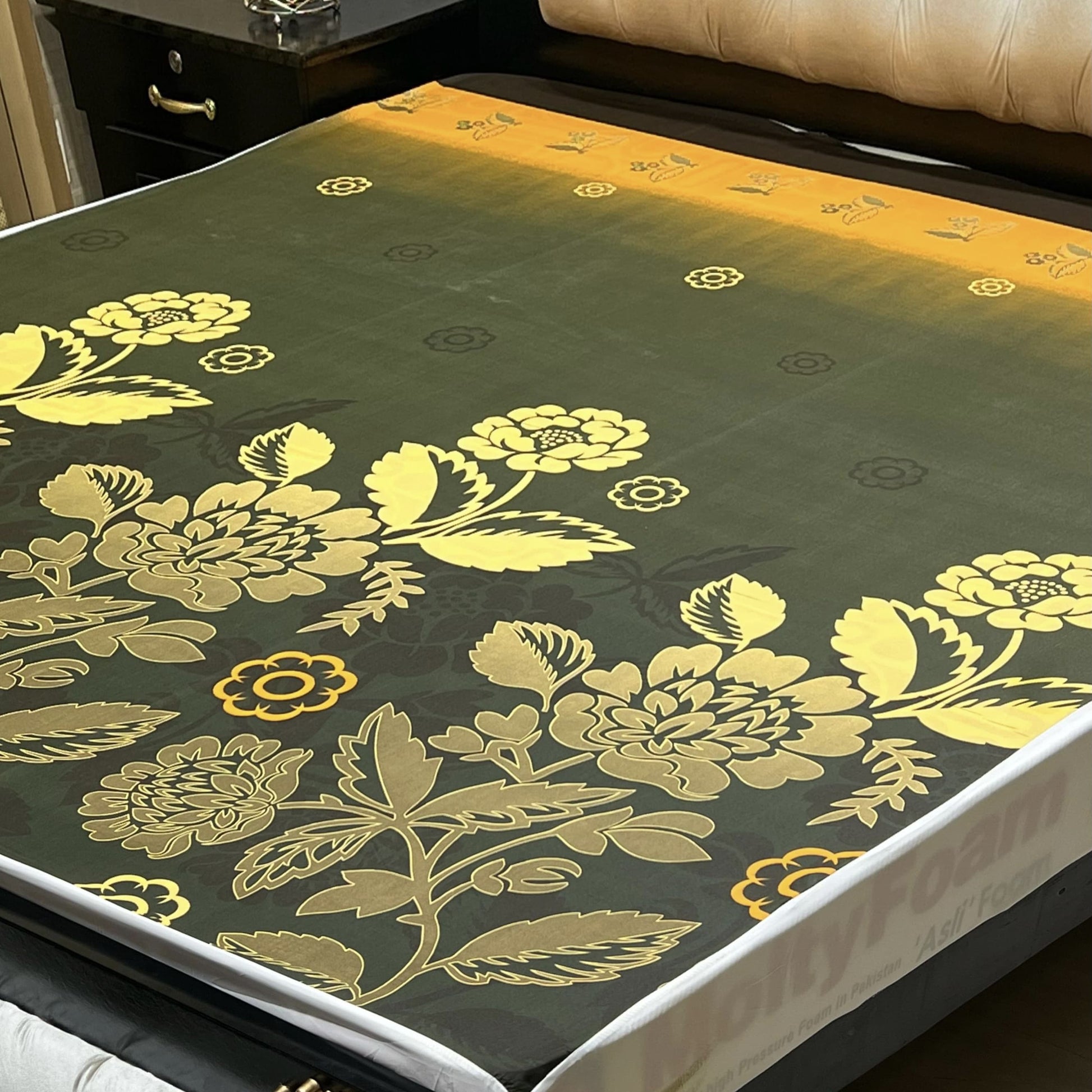Printed Waterproof Mattress Cover King Size fitted with four-side elastic on a bed