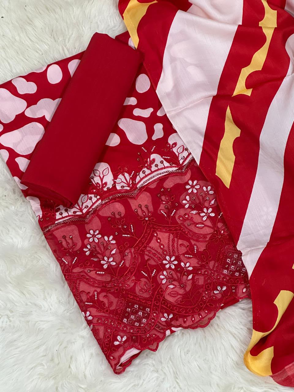 Red digital printed viscose 3pc suit with heavy daman boring work and striped dupatta
