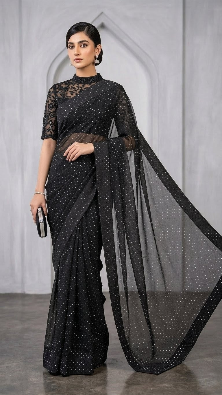 Sheesha Silk Starry Yet Black saree with net embroidered petti