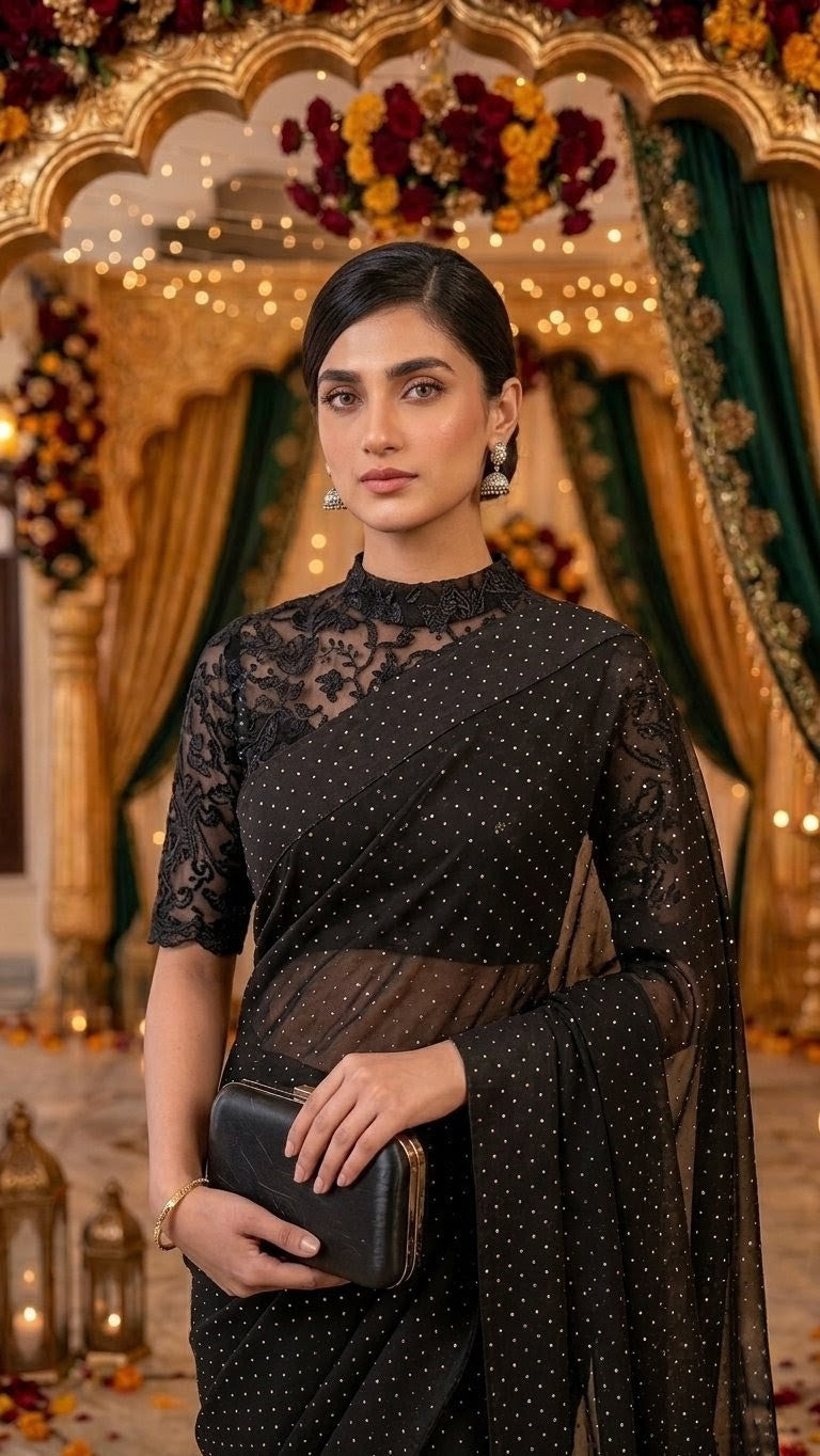 Sheesha Silk Starry Yet Black saree with net embroidered petti