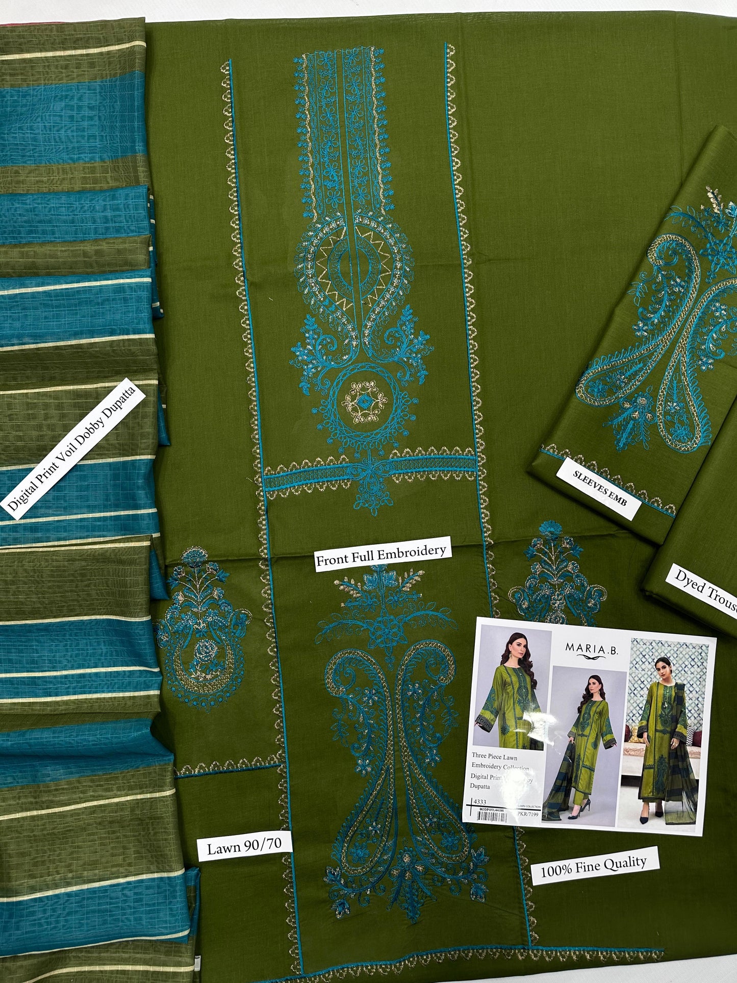 Maria B - 3PC LAWN EMBROIDERED SHIRT WITH MANAAR PRINTED DUPATTA AND TROUSER