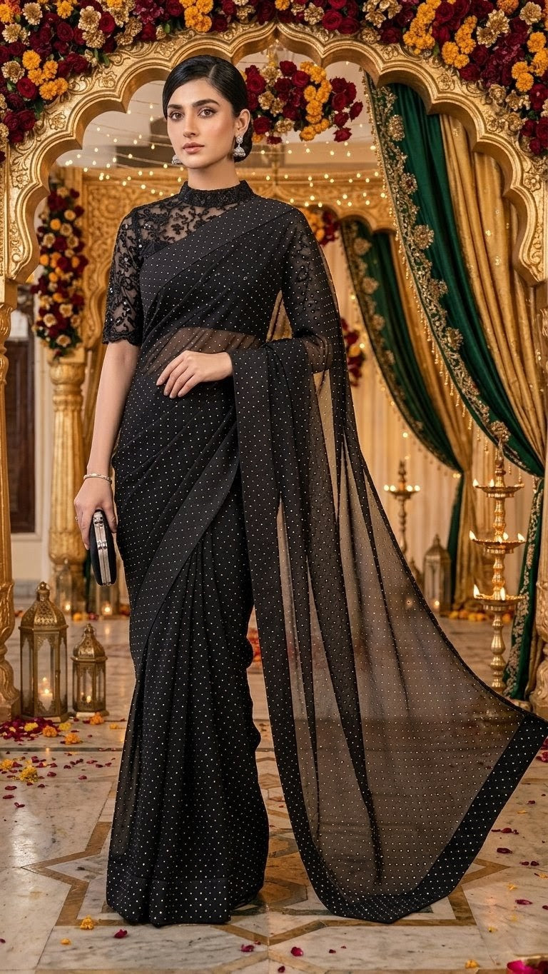 Sheesha Silk Starry Yet Black saree with net embroidered petti