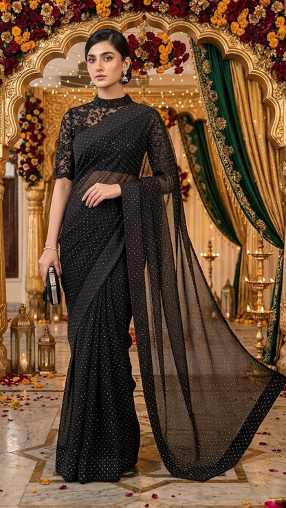 Sheesha Silk Starry Yet Black saree with net embroidered petti