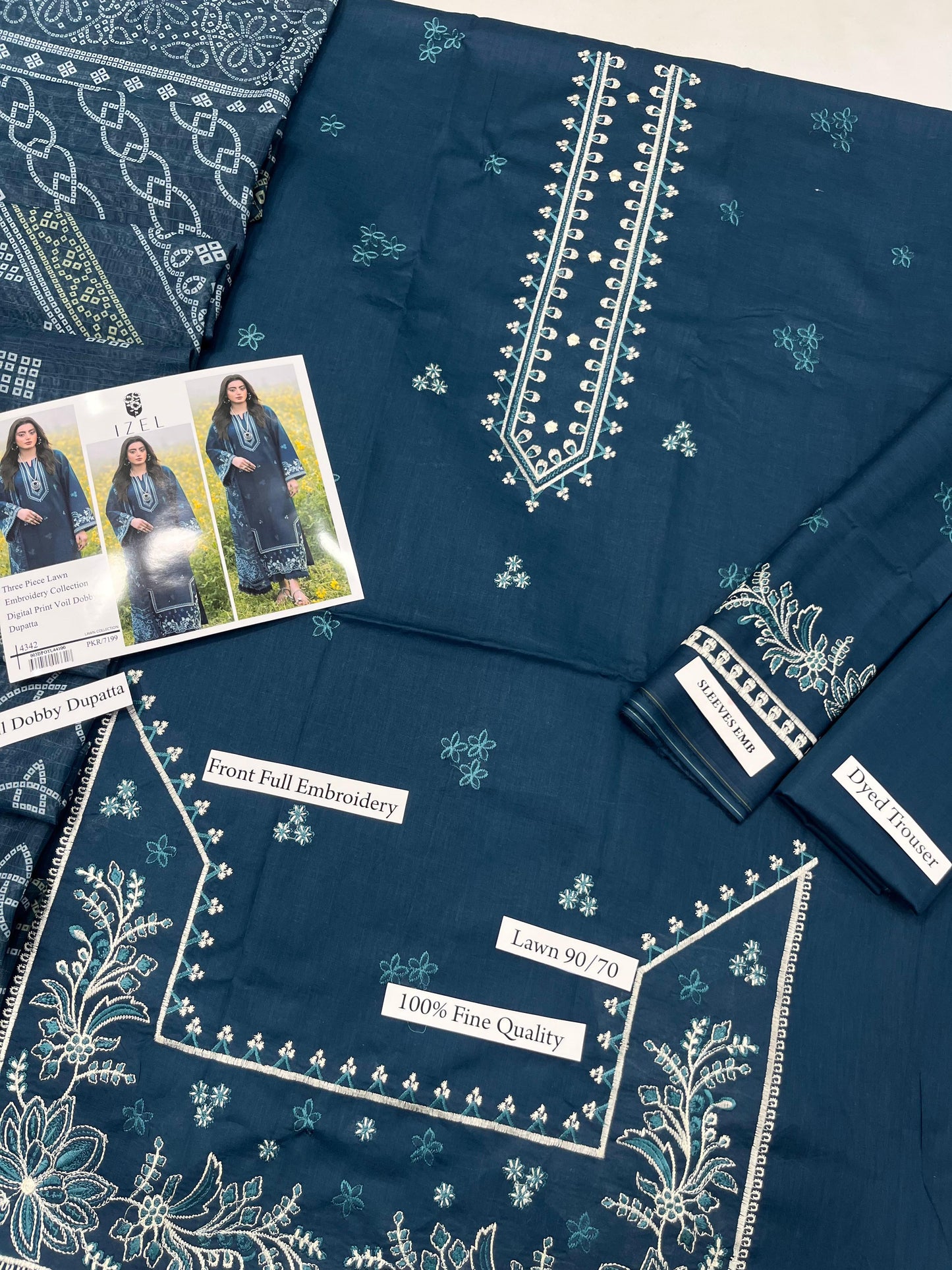 IZEL - 3PC LAWN EMBROIDERED SHIRT WITH MANAAR PRINTED DUPATTA AND TROUSER