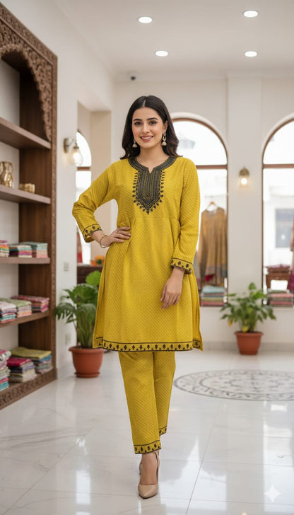 Neck embroidery Cotton 2p stitched with Daman laces