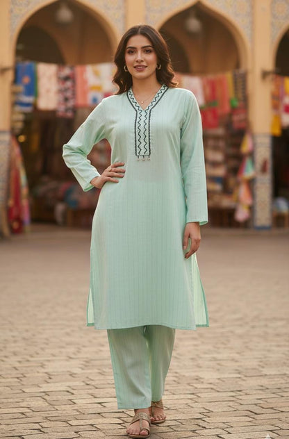 Cotton 2p stitched with neckline work