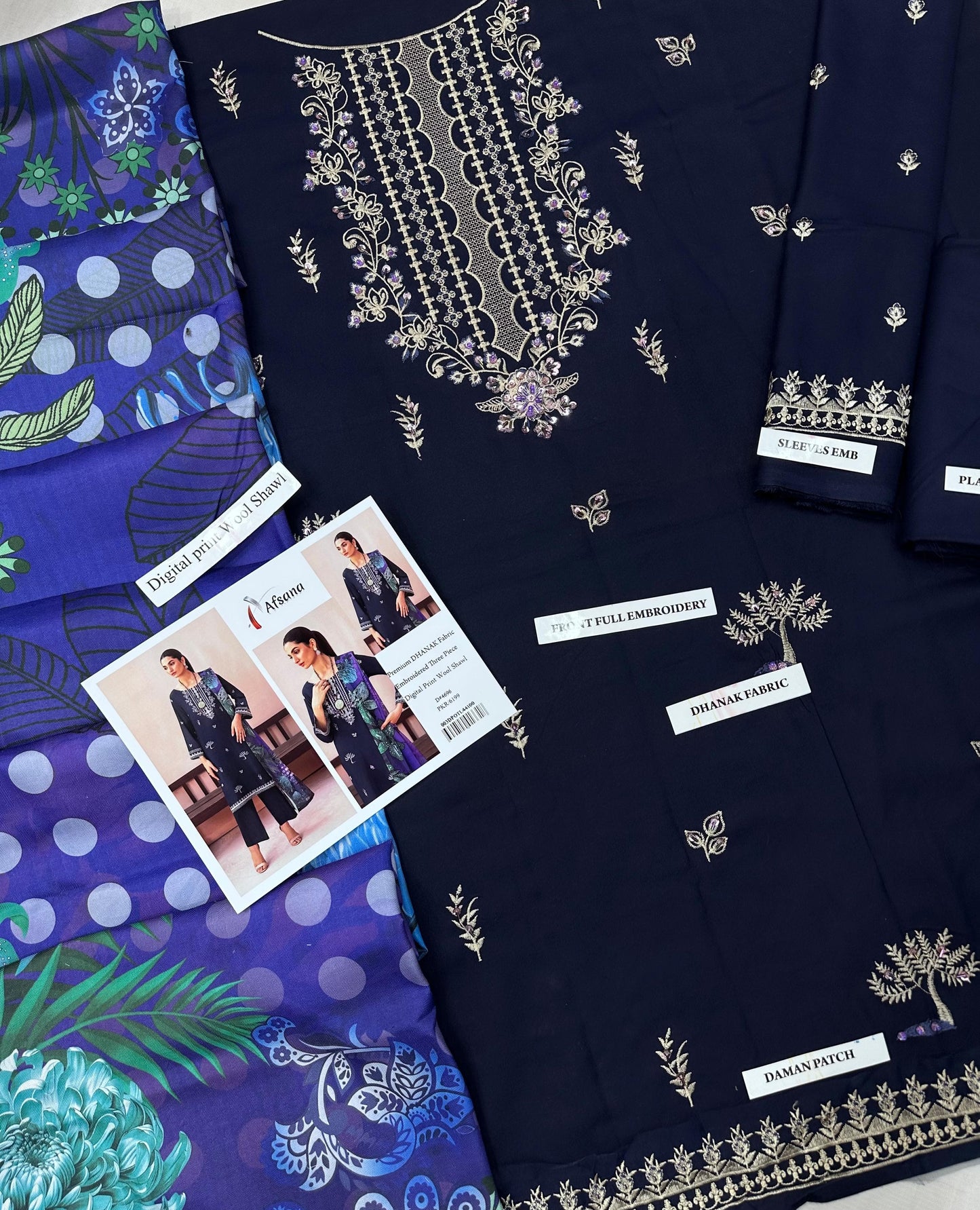 Afsan embroidered Dhanak 3p with wool shawl