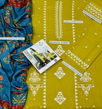 Dhanak embroiderid3Pcs suit with wool shawl